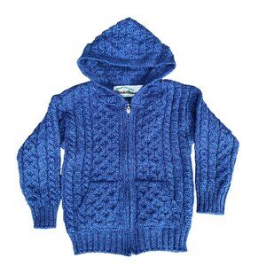 NWT Aran Crafts Ireland Wool Zip Hood Sweater Blue Cable Knit Fisherman-4-5yrs